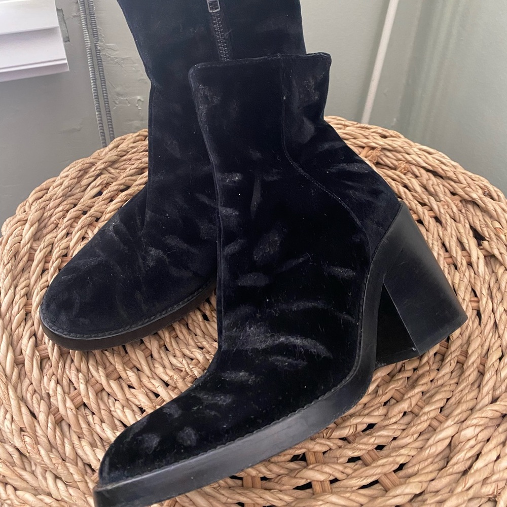 Velvet print heeled booties.